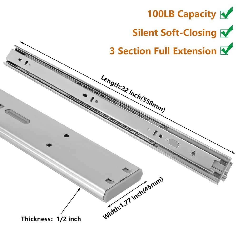 Wudkey 22 in. Soft Close Drawer Slides, Side Mount Heavy Duty Ball Bearing Full Extension Cabinet Drawer Glides 10 Pairs (2)