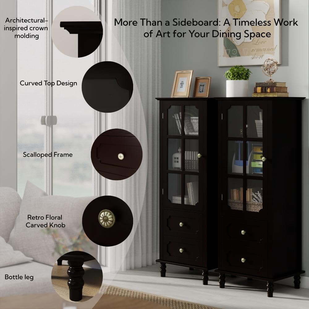 COWLOWN 19.68 in. W x 15.74 in. D x 52.36 in. H Black Linen Cabinet with Glass Doors and Double Drawer (3)