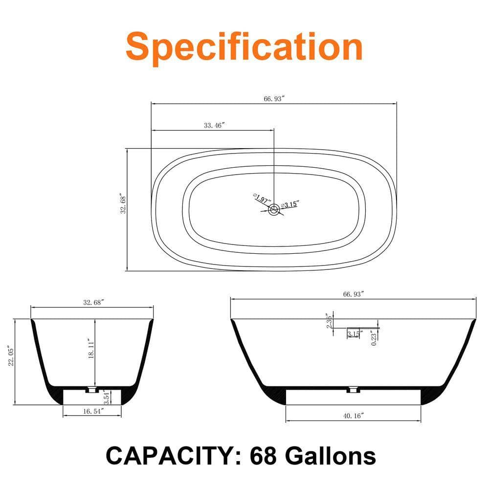 CITTANEO 67 in. x 33 in. Stone Resin Solid Surface Freestanding Flatbottom Soaking Bathtub in Matte White (2)