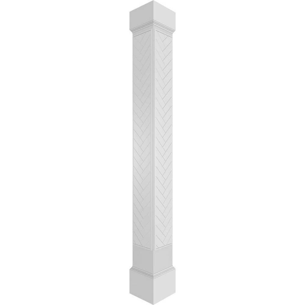 Ekena Millwork 11-5/8 in. x 8 ft. Premium Square Non-Tapered Herringbone Modern Fretwork PVC Column Wrap Kit w/Mission Capital and Base (1)
