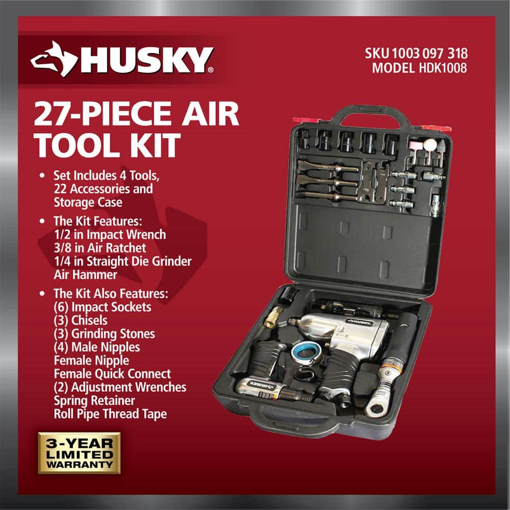 Husky 4-Pc Air Tool Kit With 1/2 in. Impact, 3/8 in. Ratchet, Die Grinder, Hammer, Sockets, Chisels, Grinding Stones -27 pcs (2)
