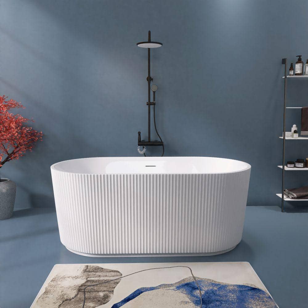 Xspracer Moray 59 in. x 30 in. Acrylic Flatbottom Freestanding Soaking Non-Whirlpool Bathtub with Pop-up Drain in Glossy White