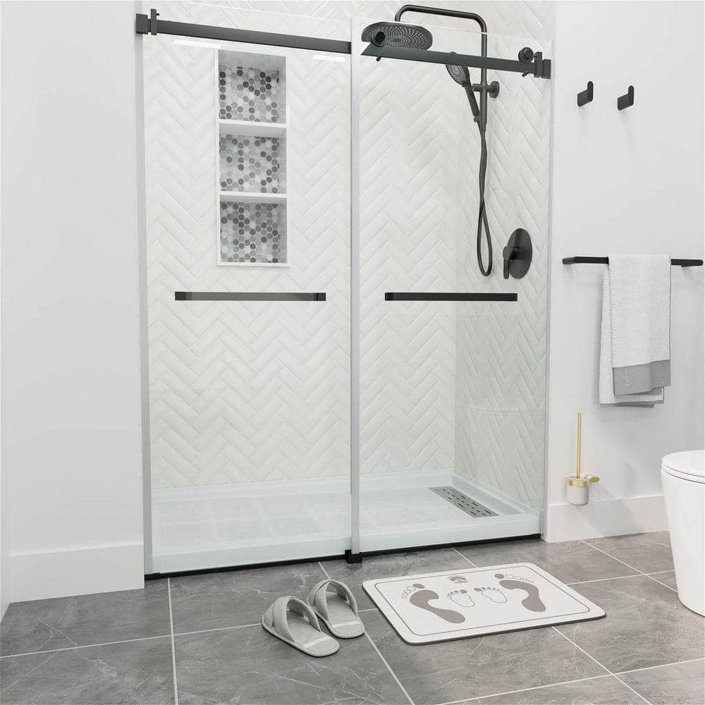 GIVING TREE 60 in. L x 34 in. W Solid Surface Alcove Shower Pan Base in White with Right Drain and Brushed Nickel Drain Cover (2)