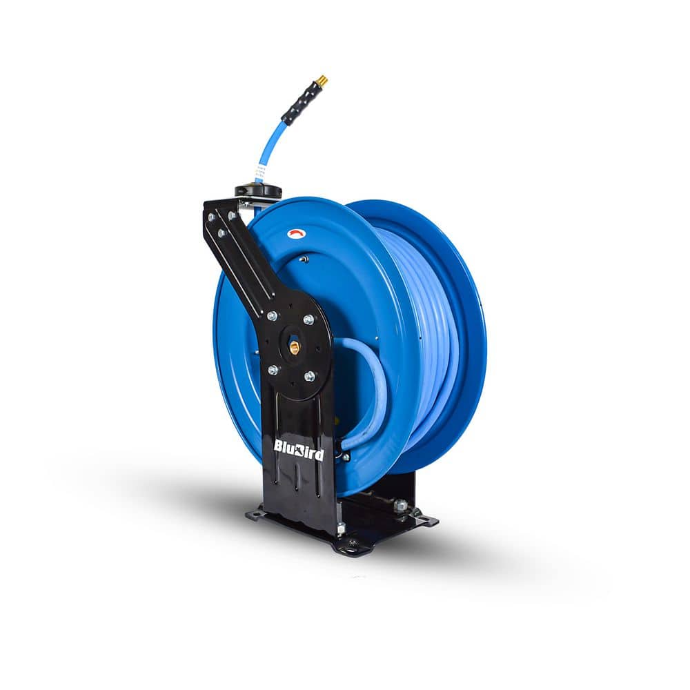 BLUBIRD 3/8 in. x 100 ft. Heavy Duty Rubber Air Hose and Dual Arm Powder-Coated Steel Hose Reel