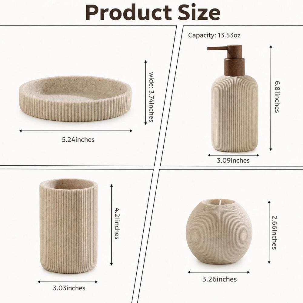 Numhew 5-Piece Bathroom Accessories Set in Beige with Soap Dispenser, Toothbrush Holder, Tumbler, Soap Dish, Candle Holder (2)