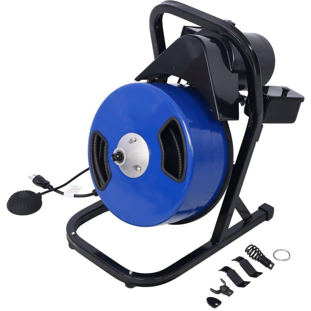 Tahanbath Commercial Sewer Snake Drill Drain Auger Cleaner Cable 60 ft. Long 1/2 in. 4)-Cutter Set and Foot Switch with Wheel (1)