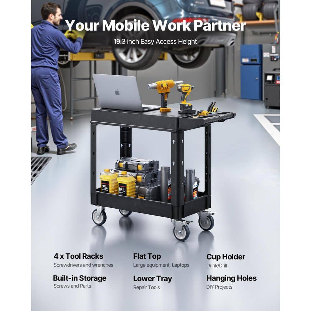 VEVOR Utility Cart 550 lbs. Capacity 31.3 x 17.7 in. 2-Shelf Plastic 360° Swivel Wheels (2 with Brakes) Hand Trunk (2)
