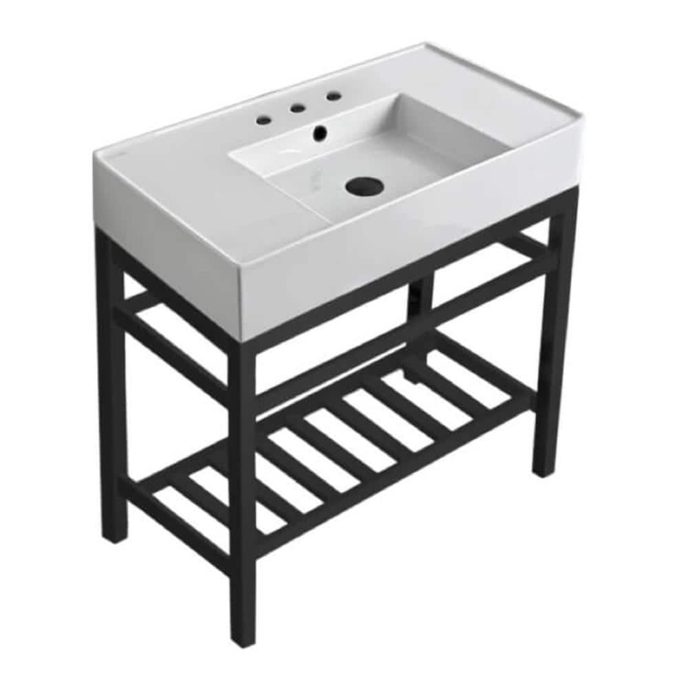 Nameeks Teorema 2 Ceramic White Console Sink and Leg Combo in Matte Black (1)