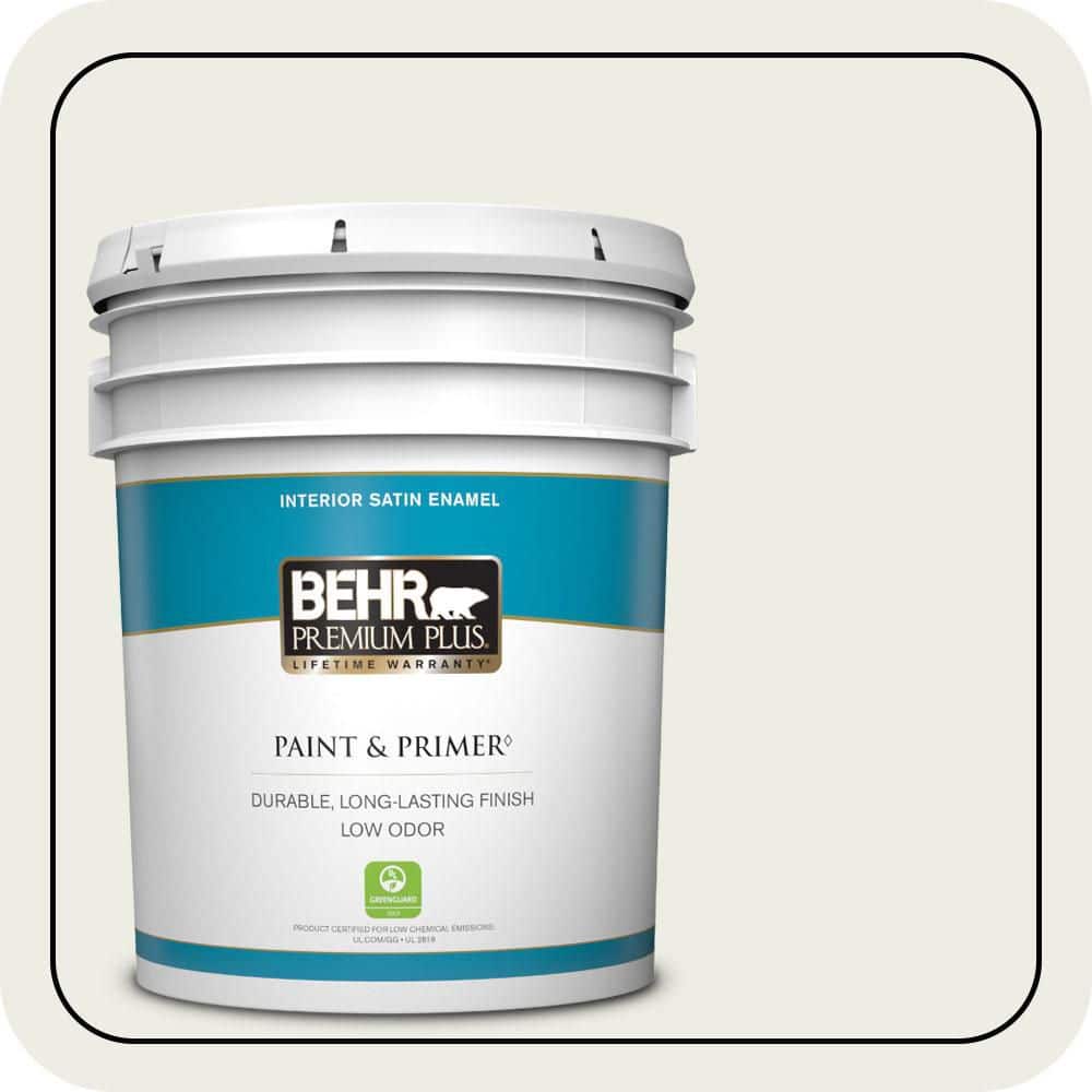 BEHR PREMIUM PLUS 5 gal. Designer Collection #DC-013 Harmonious White Satin Enamel Low Odor Interior Paint & Primer