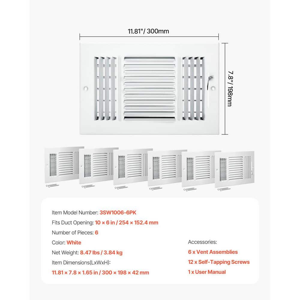 SKYSHALO 6 x 10 in. Floor Registers, 6-Pack Floor Vents, HVAC 3-Direction Iron Vent Grilles for Home/Office Wall and Ceiling (2)