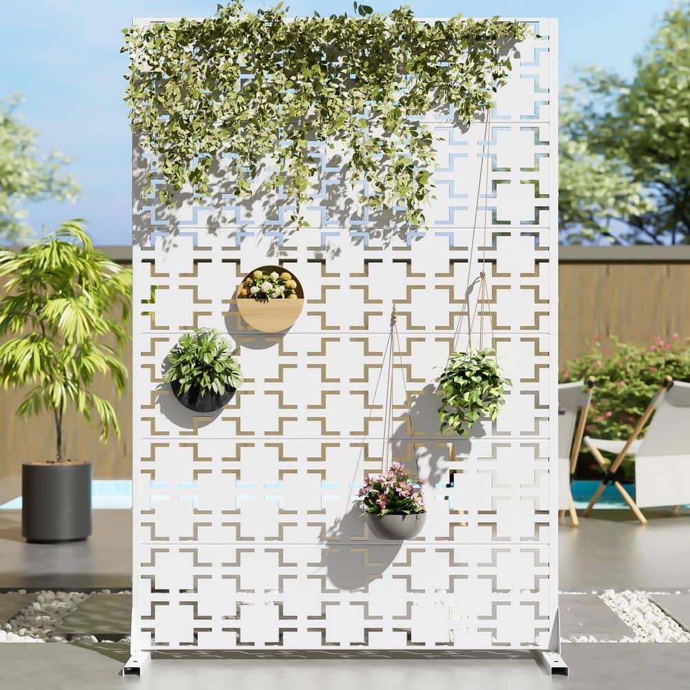 Dovelina 47 in. x 72 in. White Textured Metal Garden Screens Outdoor Privacy Screen (1)