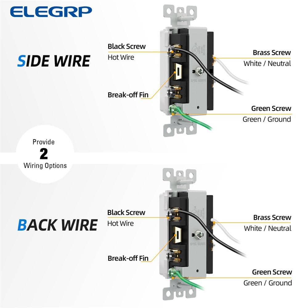 ELEGRP 15 Amp Decorator Combination Single Pole Rocker Switch with Pilot Light, Wall Plate Included, White (2-Pack) (2)
