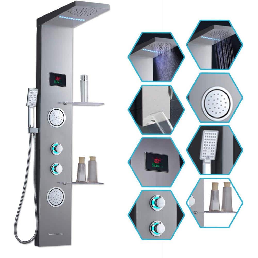 ELLO&ALLO 52 in. 2-Jet Shower Panel System with Shelf LED Rainfall and Mist Head Hand Shower and Tub Spout in Brushed Nickel (1)