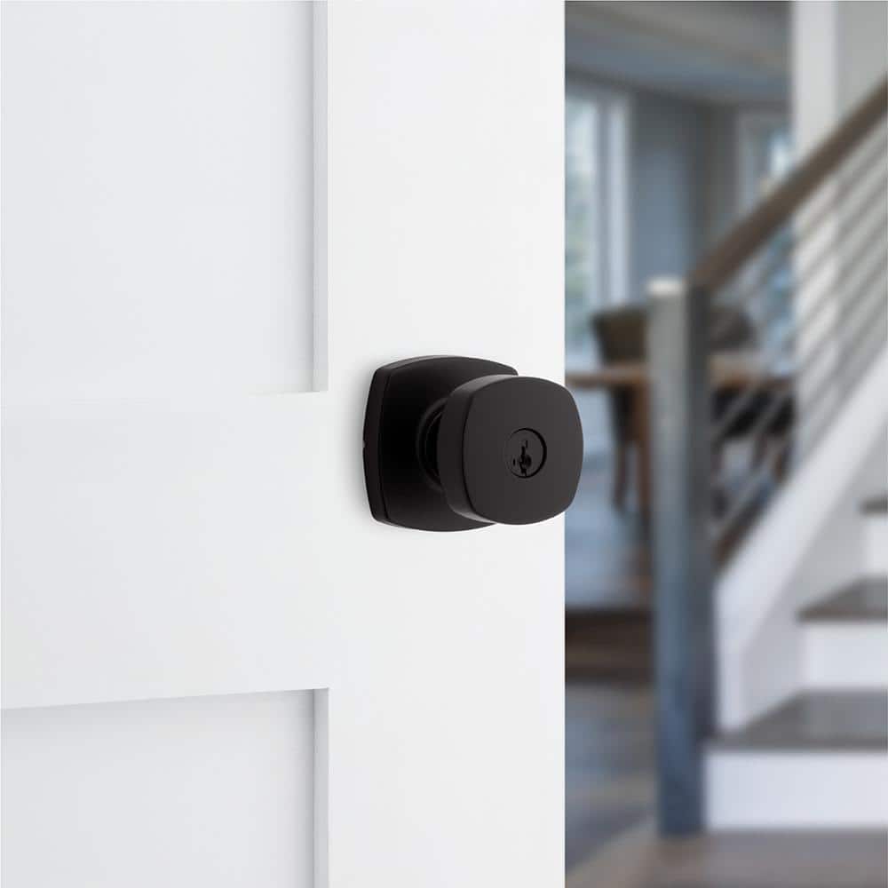 Kwikset Arroyo Matte Black Keyed Entry Door Knob with Soft Modern Rose featuring SmartKey Security (2)