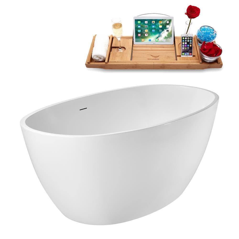 Streamline 59 in. x 32 in. Acrylic Freestanding Soaking Bathtub in Glossy White with Glossy White Drain, Bamboo Tray (3)