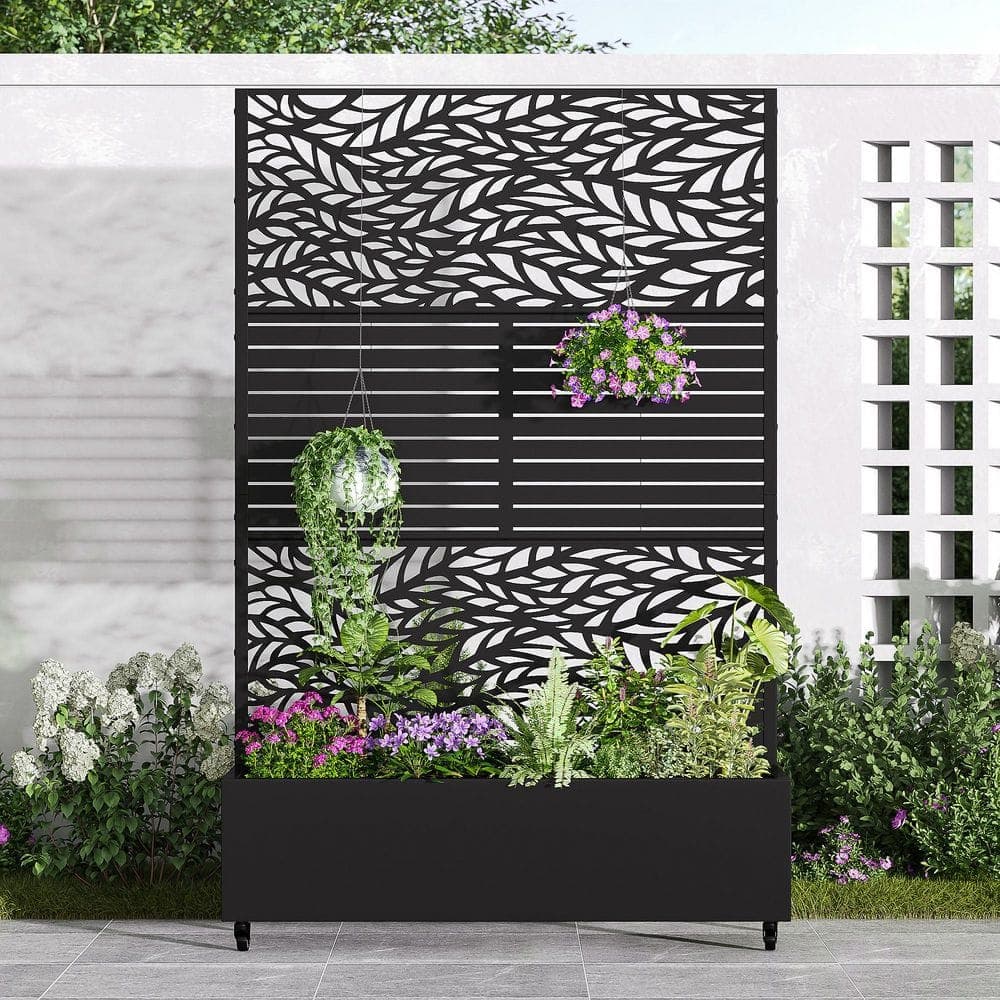 Lumioca 71.37 in. H x 46.8 in. W Iron Black Flow Leaf Shape Outdoor Planting Box with Climbing Frame Decorative Art Panel (2)