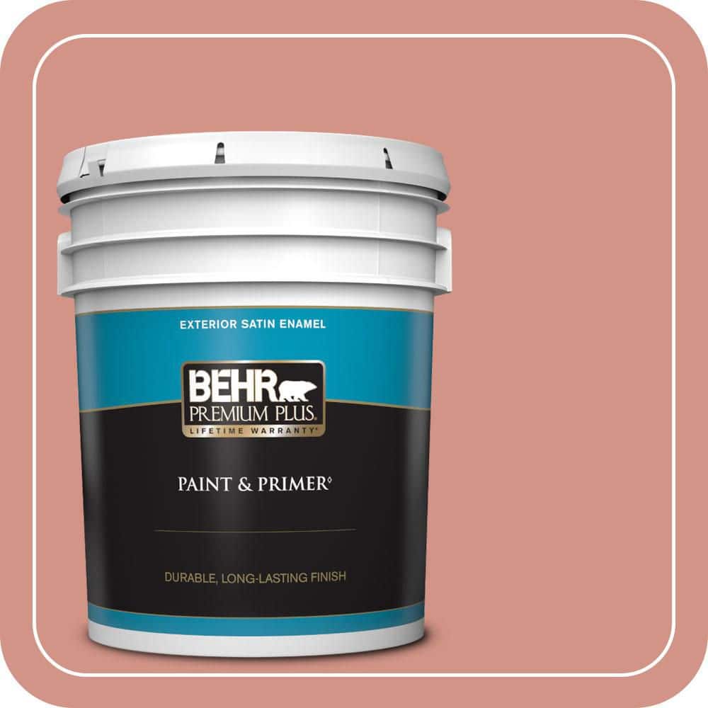 BEHR PREMIUM PLUS 5 gal. #T15-20 Peach Preserve Satin Enamel Exterior Paint & Primer