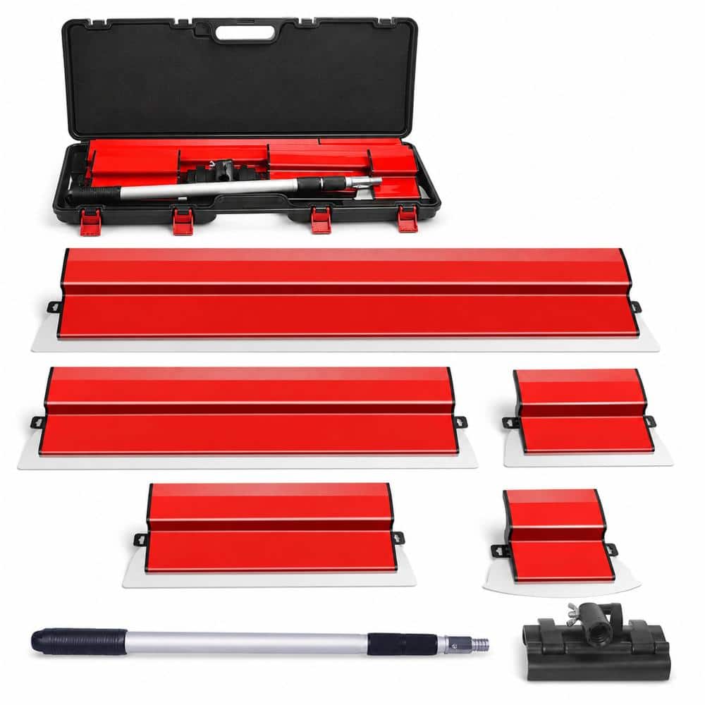Unbranded Stainless Steel Drywall Skimming Blade Set 6 10 16 24 32 in with 28 to 62 in Handle and Case for Wall Finishing