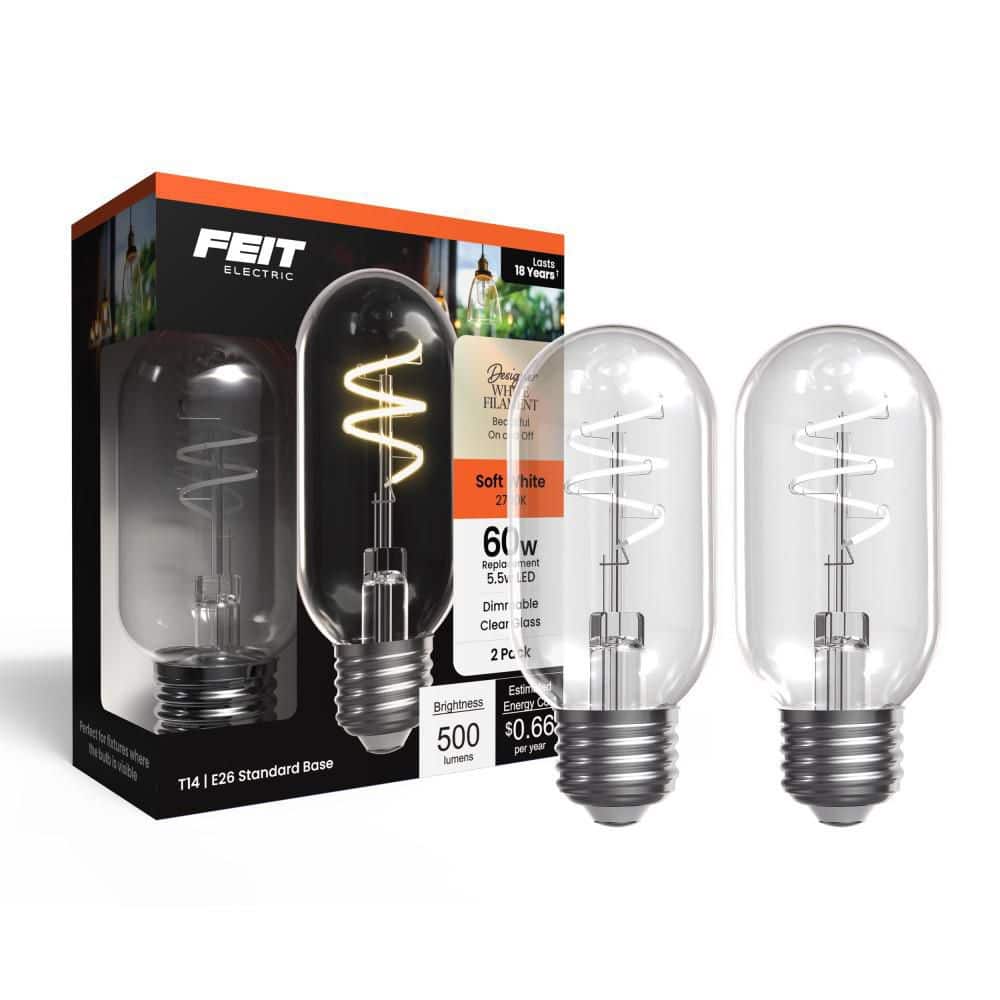 Feit Electric 60W Equiv. T14 Dimmable Spiral White Filament Clear Glass E26 Vintage Edison LED Tubular Light Bulb, Soft White (2-Pack) (2)