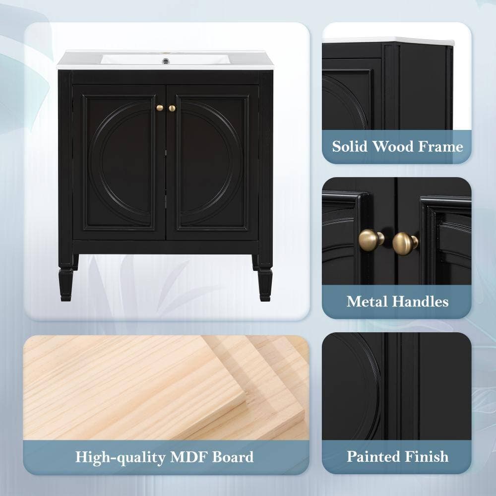 Flynama 30" Vintage Black Vanity Sink, 2 Doors with Shelf, Soft Close Door Hinges (3)