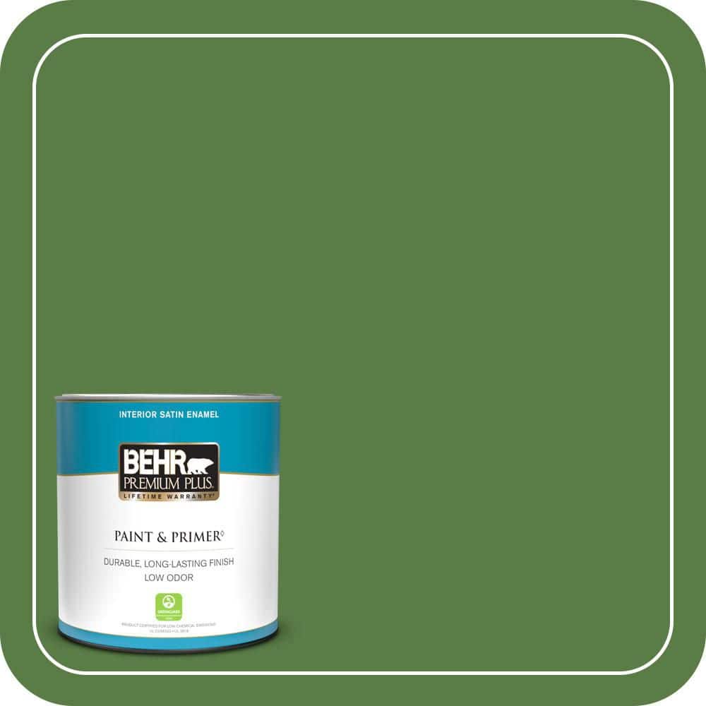 BEHR PREMIUM PLUS 1 qt. #S-H-430 Mossy Green Satin Enamel Low Odor Interior Paint & Primer