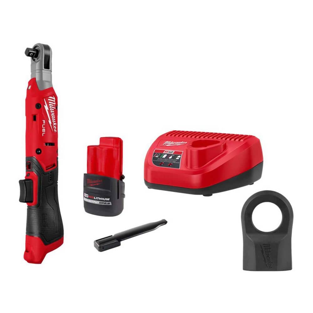 Milwaukee M12 12V Lithium-Ion 3/8 in. Cordless Ratchet Kit with Battery, Protective Boot, and Charger