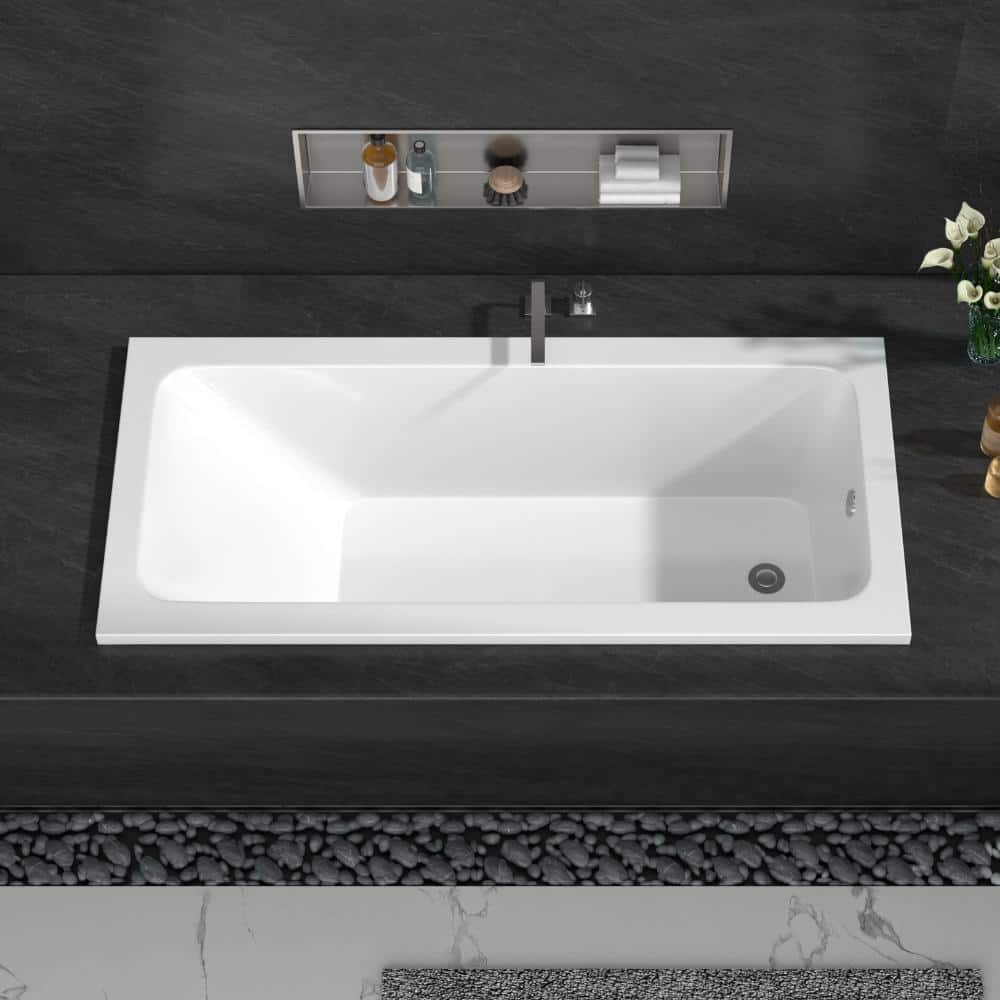 Logmey 66" x 30-11/16" White Drop-In Soaking Acrylic Bathtub with Reversible Drainer (2)