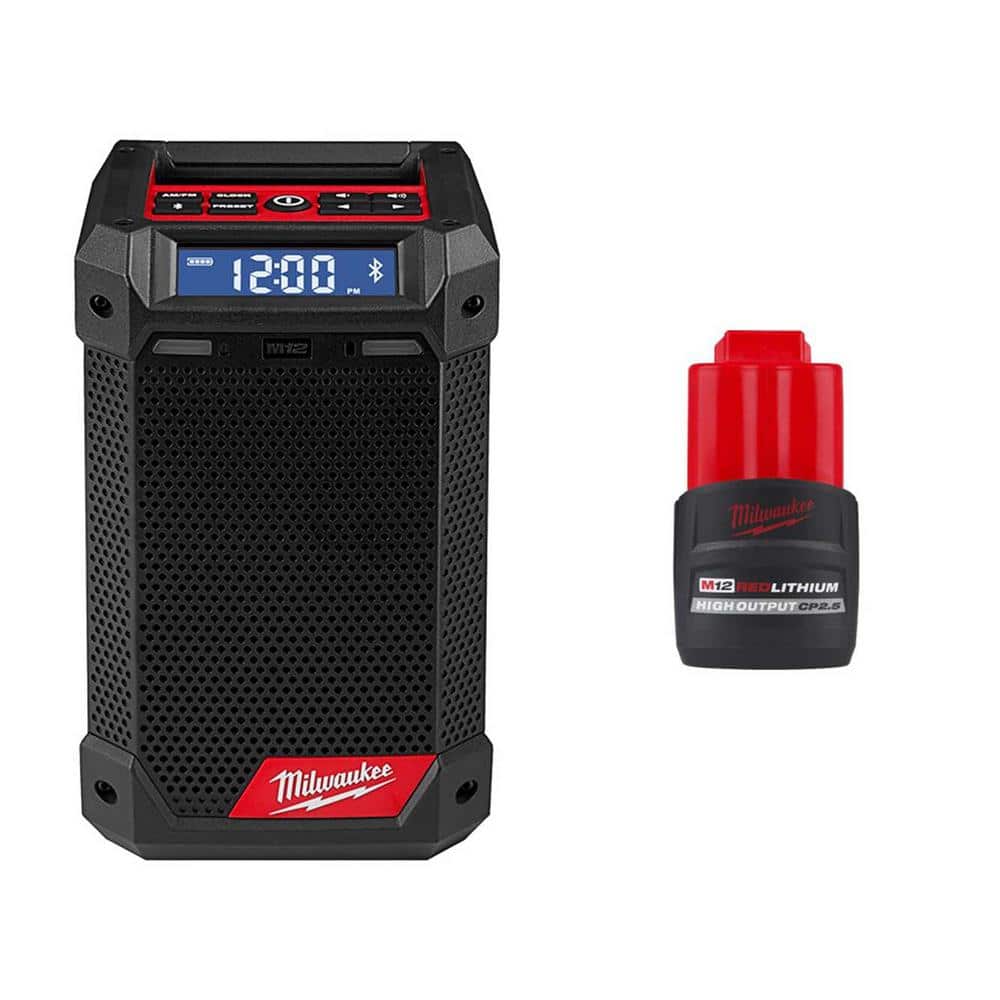 Milwaukee M12 12V Lithium-Ion Cordless Bluetooth/AM/FM Jobsite Radio with M12 12V Lithium-Ion CP High Output 2.5Ah Battery Pack (1)