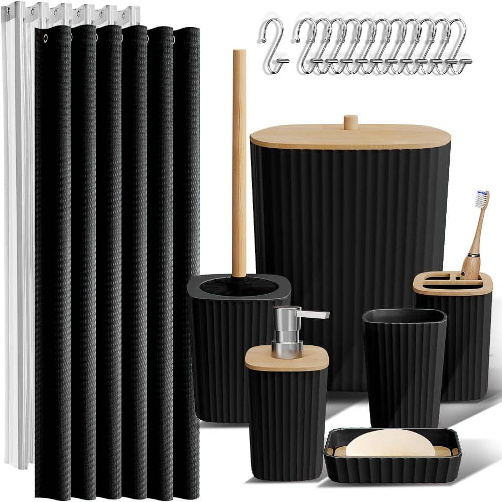Whatseaso Bathroom Set, Bathroom Accessory Set, Shower Curtain Set, Toilet Brush, Trash Can & Soap Dispenser in Black (1)