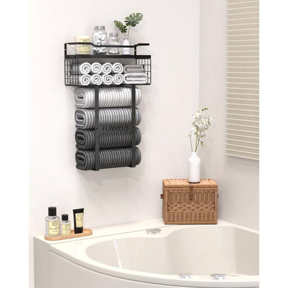 Anqtovp Towel Holder Set Bath Storage Rack in Black Wall Mounted Vertical Organizer Shelf for Bathroom Spa Decor (3)