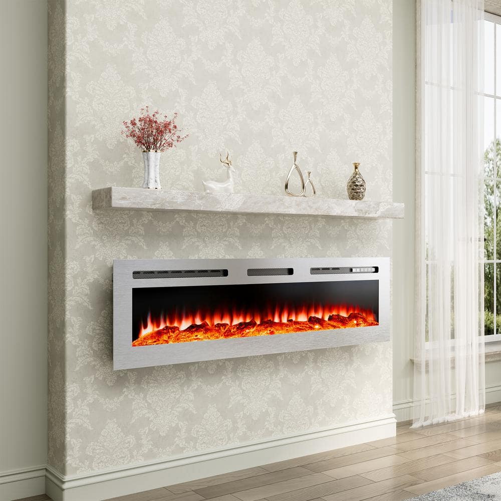 Clihome 60 in. Stainless Steel Electric Fireplace Insert Wall Mounted or Recessed with 12 Flame Colors and Remote (1)