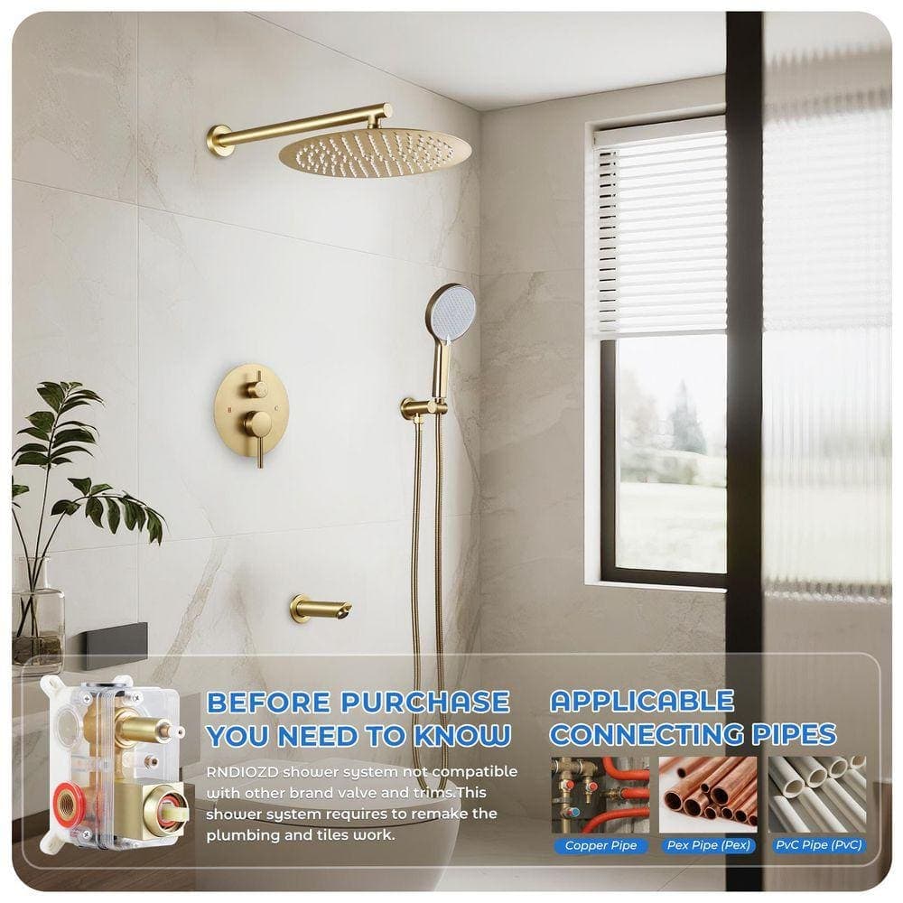 AKLFGN Single Handle 3-Spray Shower Faucet 2.0 GPM with Adjustable Flow Rate Tub Spout in Brushed Gold (2)