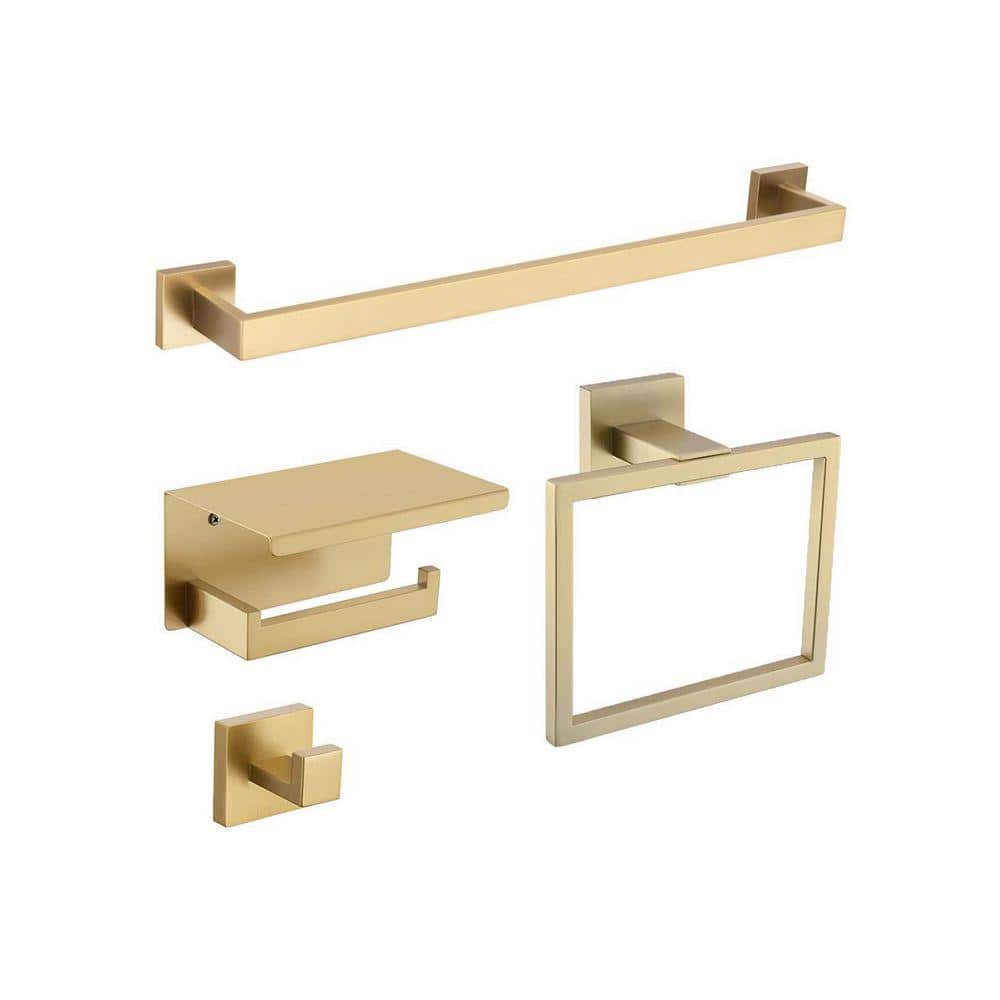 Lynzavix 4-Piece Bathroom Hardware Set with Towel Bar Toilet Paper Holder Shelf and Accessories in Brushed Gold Finish (1)