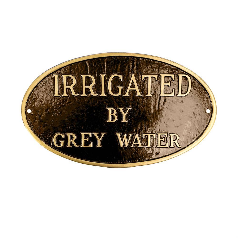 Montague Metal Products 8.5 in. x 13 in. Standard Oval Irrigated By Grey Water Statement Plaque Sign - Oil Rubbed/Gold