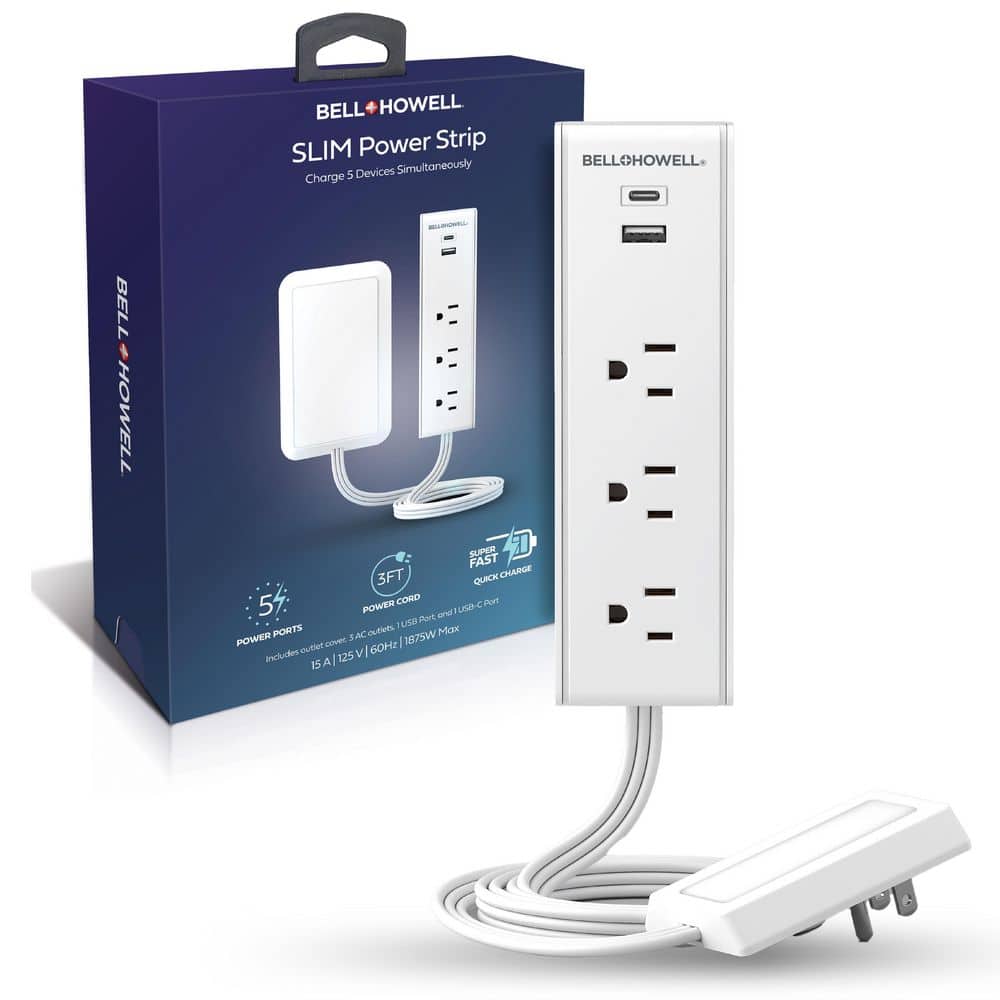 Bell + Howell Slim Multi Power Strip 3-AC Outlets, 1 USB-A and 1 USB-C Ports Charging Extension with Outlet Cover Flat Plug