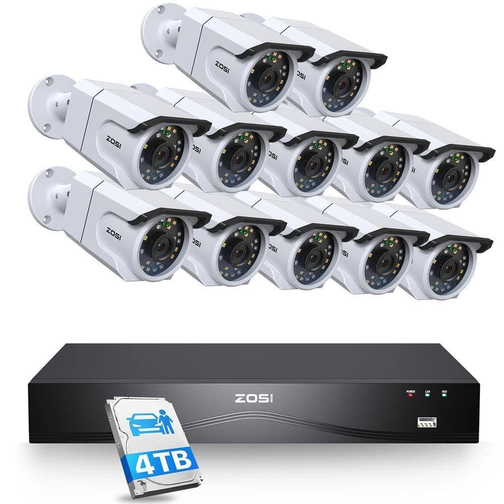 ZOSI 4K 8MP 16-Channel 4TB POE NVR Security Camera System with 12 Wired Outdoor Bullet Cameras, 32CH Expandable, White (1)