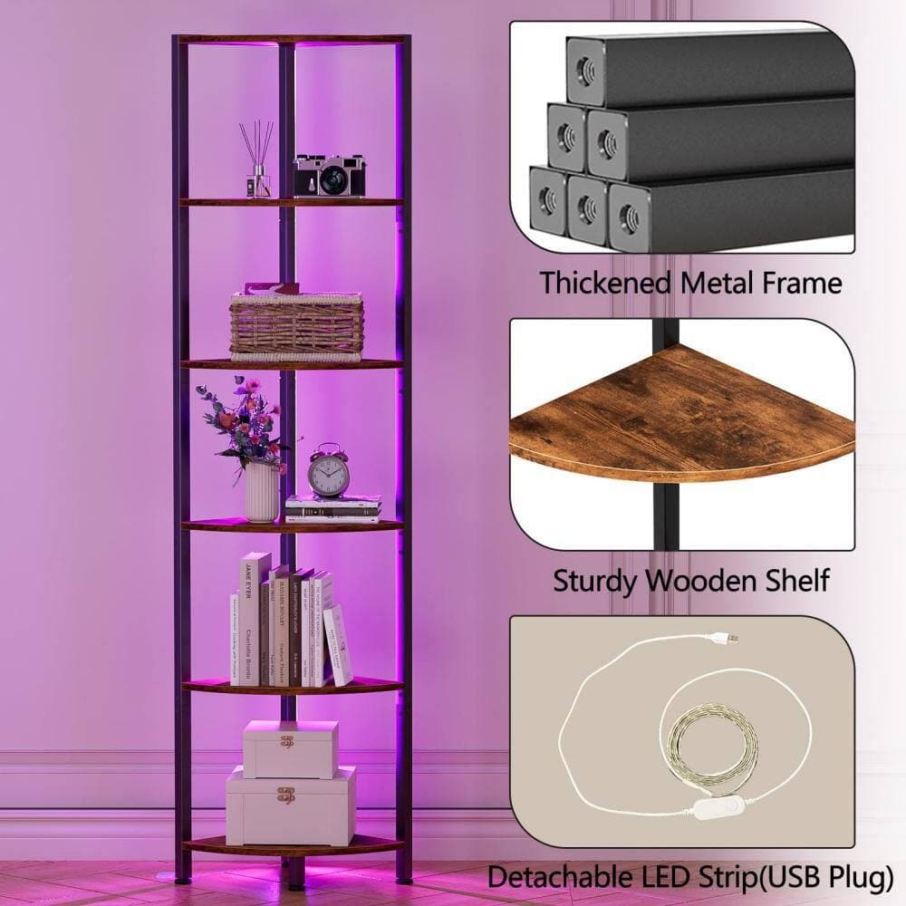 Numhew 6-Tier 11.22 in. D x 11.81 in. W x 67.52 in. H Rectangular Corner Shelf with LED Light, Metal Frame, Wood Shelf, Brown (3)