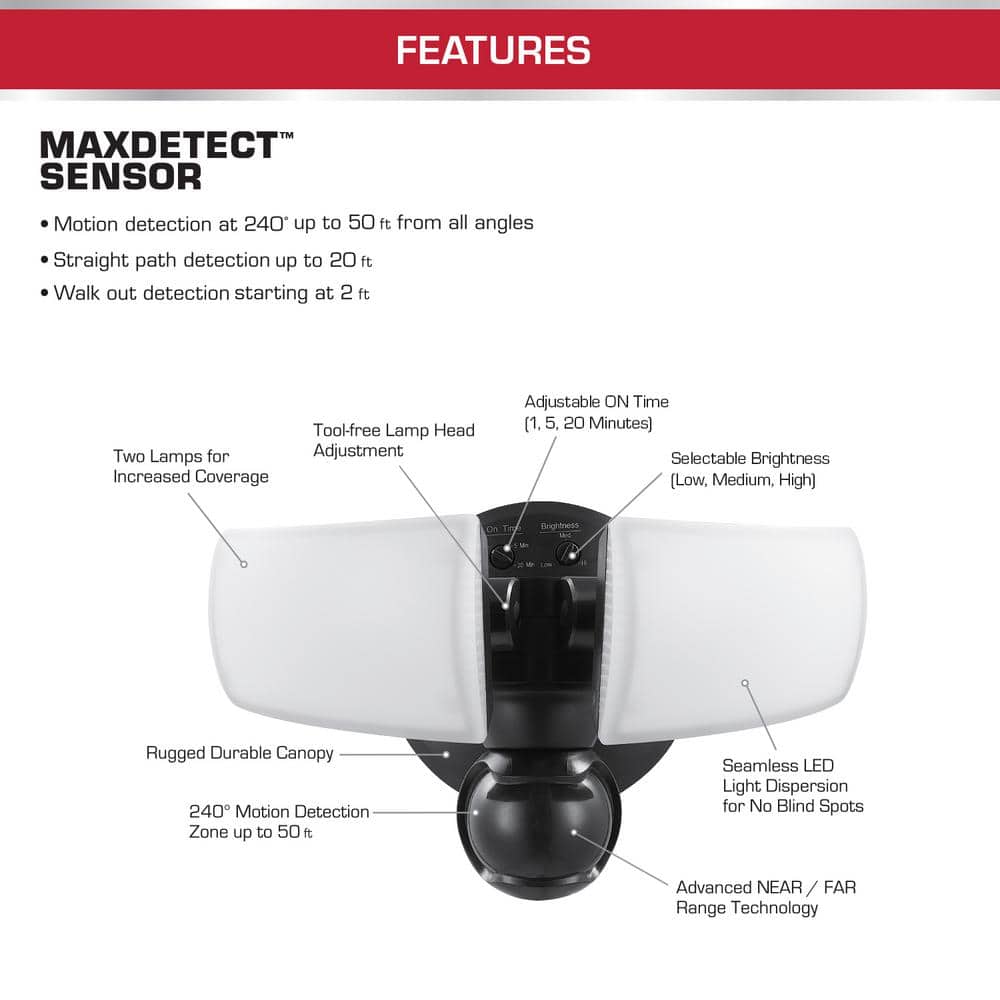 Defiant MaxDetect 240° Black Motion Sensor Wired Outdoor 2-Head LED Security Flood Light 2000 Lumens (4)