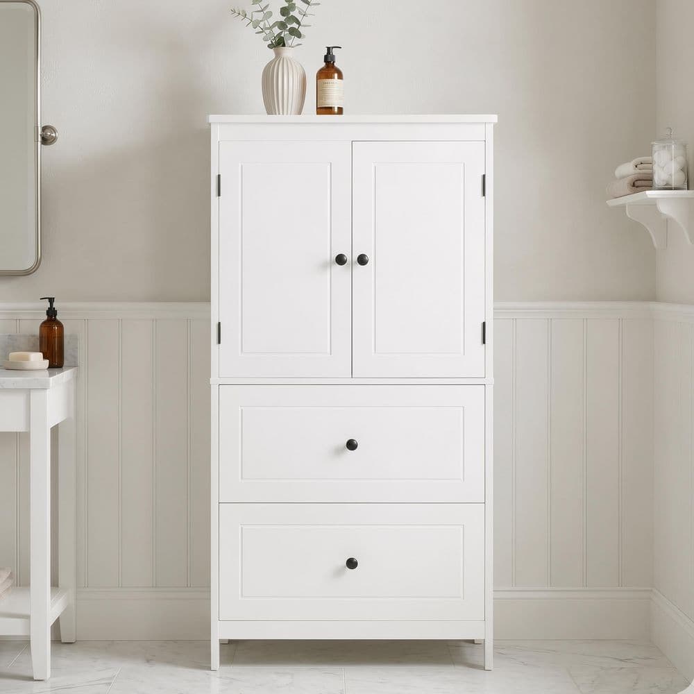 Ximuprmy Modern 24 in. W x 12 in. D x 43 in. H White Freestanding Linen Tower Cabinet with Doors and Drawers, Adjustable Shelf