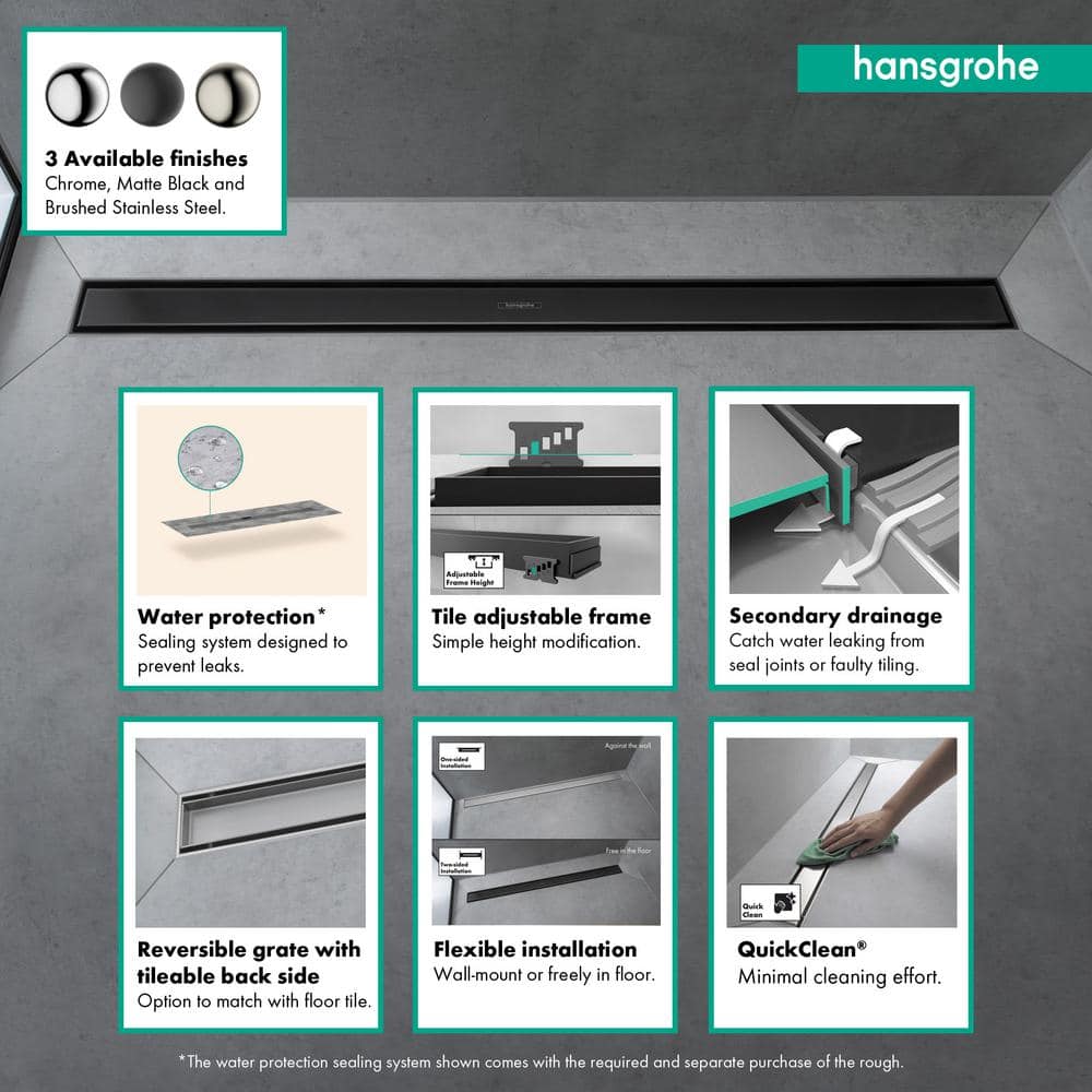 Hansgrohe RainDrain Match Stainless Steel Linear Tileable Shower Drain Trim for 27 5/8 in. Rough in Matte Black (3)