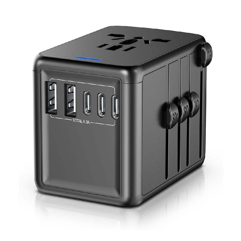 Lukyamzn 1-Outlet Surge Protector Universal Travel Plug Adapter with 3 USB-C Port and 2 USB-A Port for Phones and Laptops, Black (1)