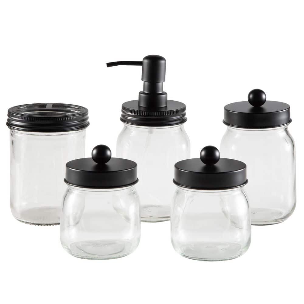 HOME-COMPLETE Mason Jar Bathroom Accessories 5-Piece Bath Accessory Set with Toothbrush Holder, Soap Dispenser, 2 Small Jars (Black)