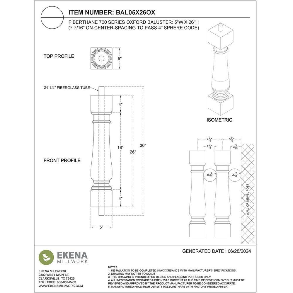 Ekena Millwork Fiberthane 700 Series 26 in. H x 5 in. W White Resin Stair Baluster (2)