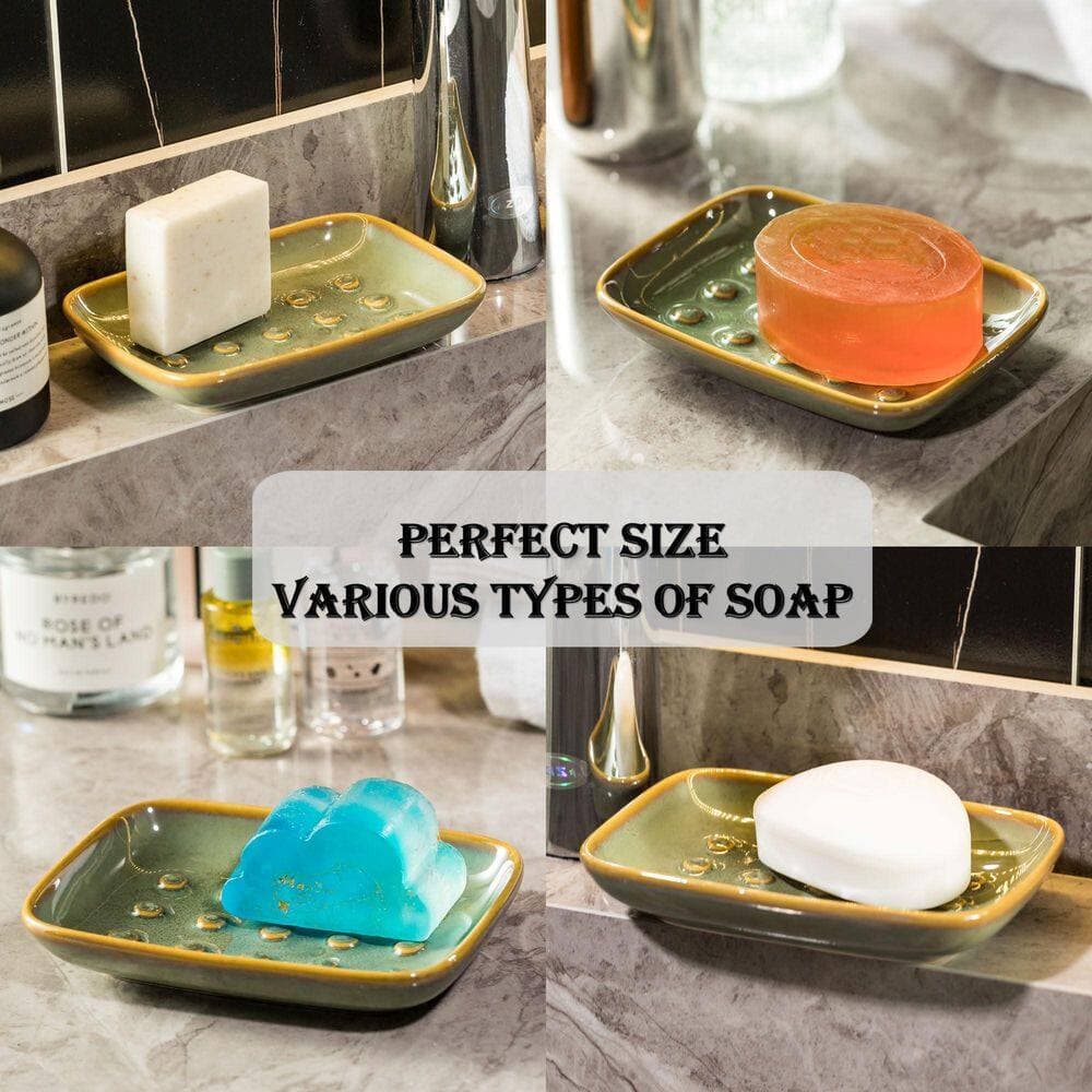 Wudkey Ceramic Soap Holder Shower Soap Dish for Bar Soap Sponge, Soap Saver Tray for Bathroom in Green (3)