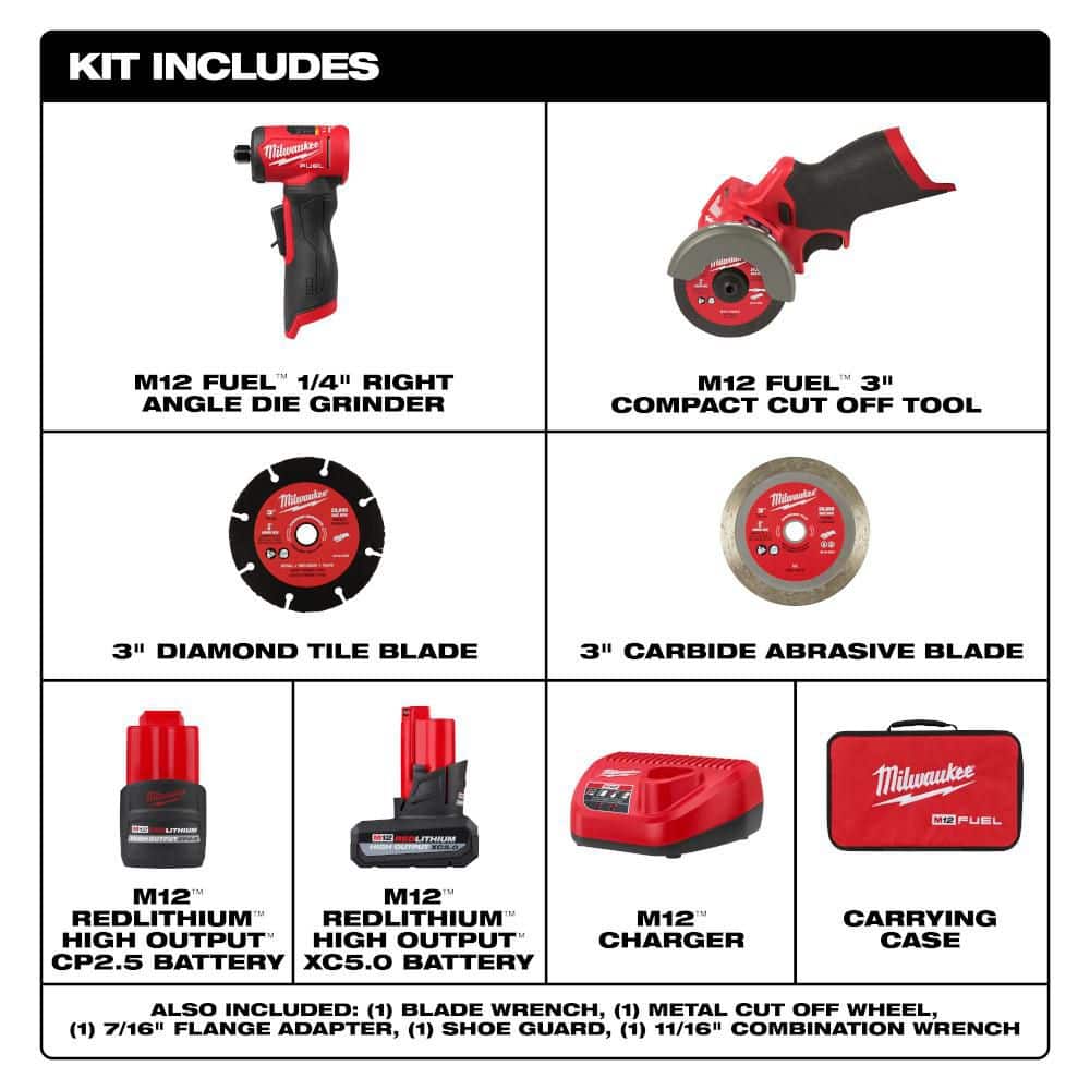 Milwaukee M12 FUEL 12V Lithium-Ion Brushless Cordless 1/4 in. Right Angle Die Grinder Kit w/ Cut Off Saw, Batteries, Charger & Bag (2)