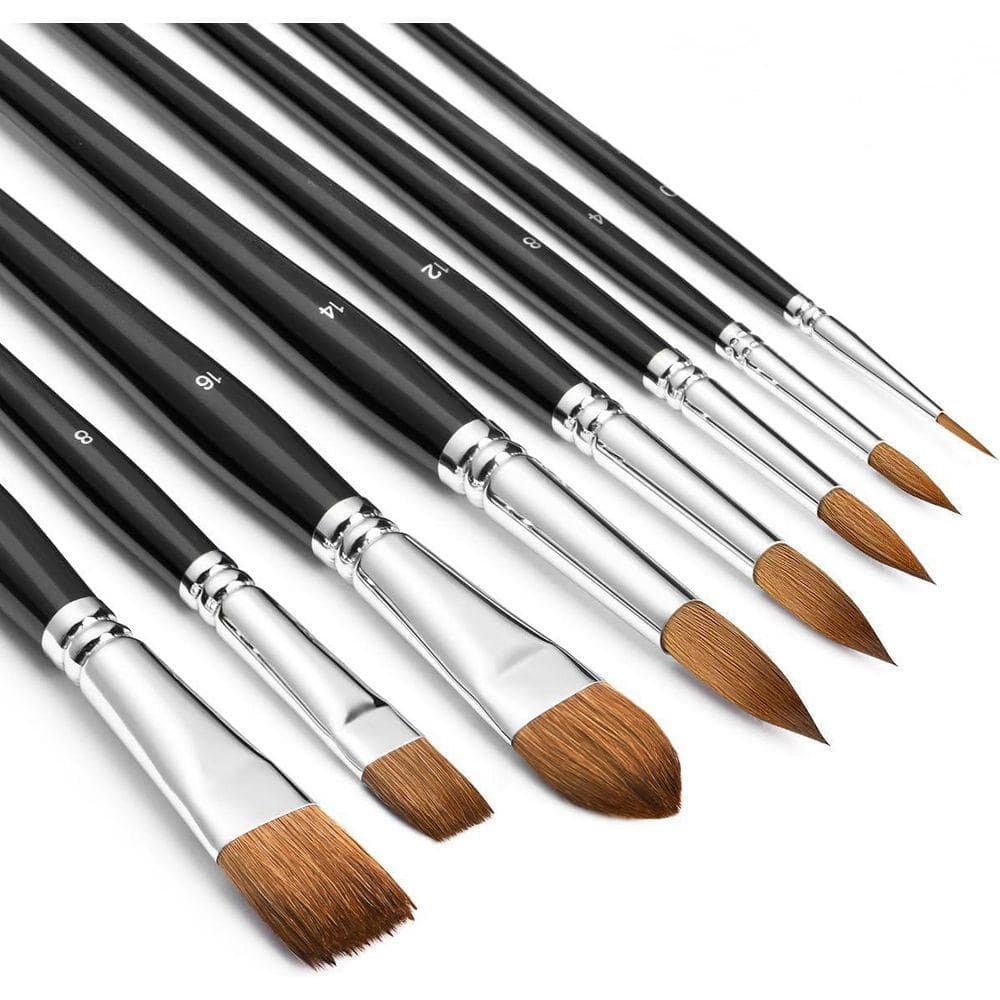 KIWDZFU 8-Pcs Kolinsky Sable Watercolor Paint Brush Set Variety Shapes Flat Round Cat's Tongue Oval for Acrylic Gouache Inks