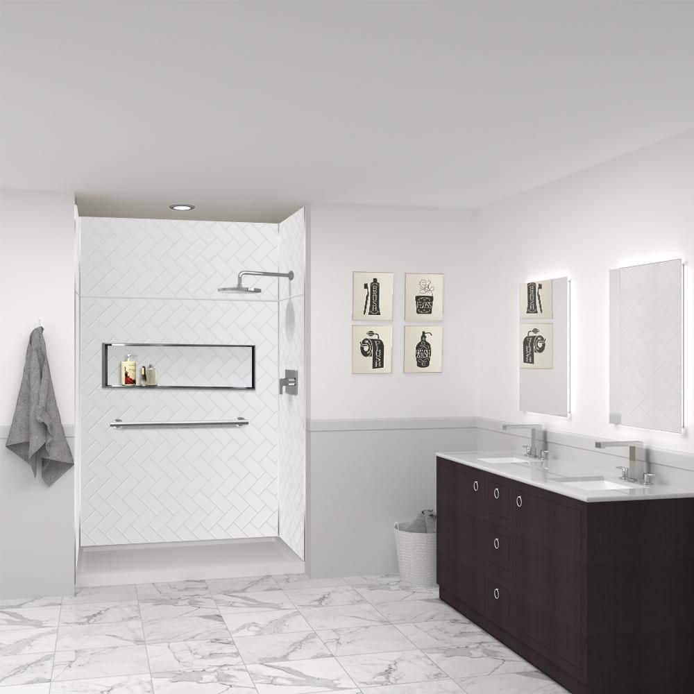 Transolid Prodigy 60 in. W x 96 in. H x 36 in. D 6-Piece Glue-Up Alcove Shower Surround in White Herringbone Tile (1)