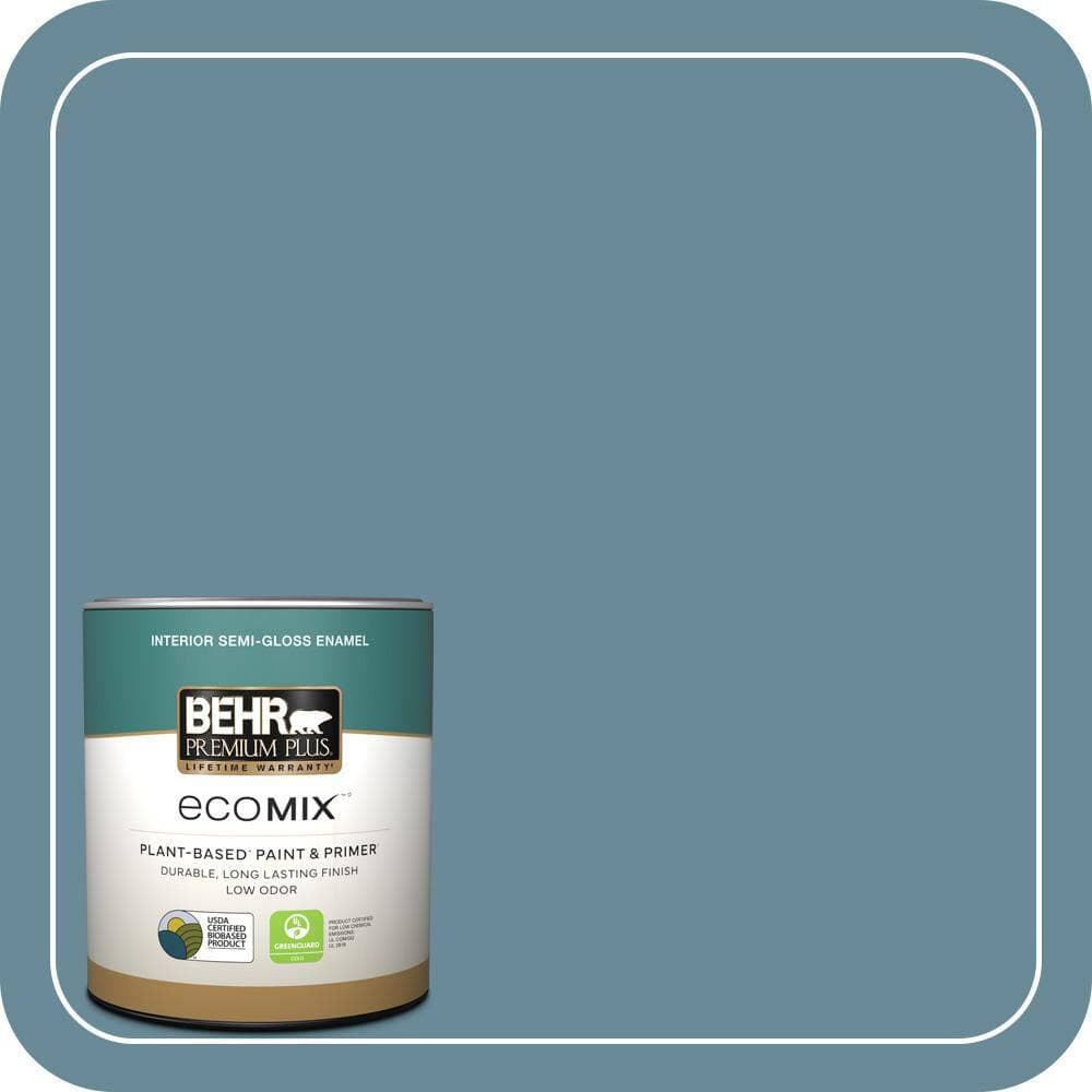 BEHR PREMIUM PLUS 1 qt. #BIC-22 Relaxed Blue Semi-Gloss Enamel EcoMix Plant-Based Interior Paint & Primer (1)