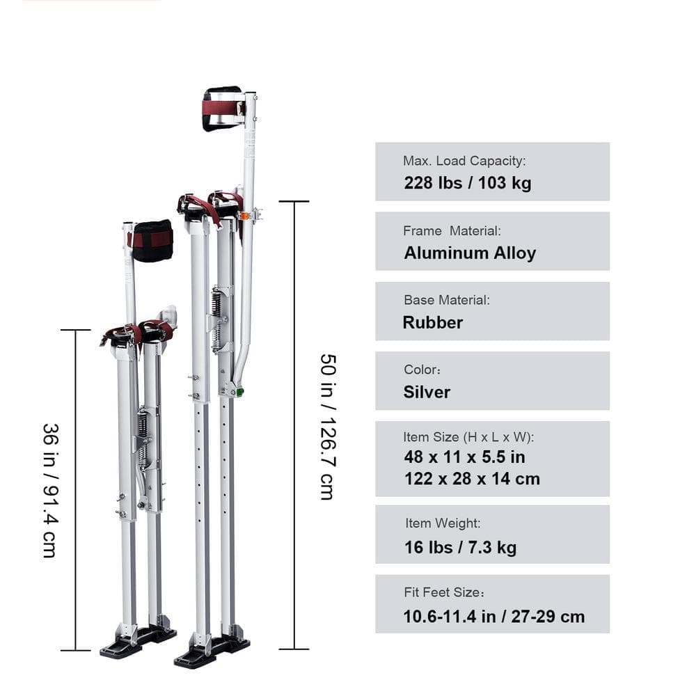 SVOPES 36 in.-50 in. Adjustable Aluminum Drywall Stilts with Protective Knee Pads, Durable Non-slip Tools for Painting, Silver (2)