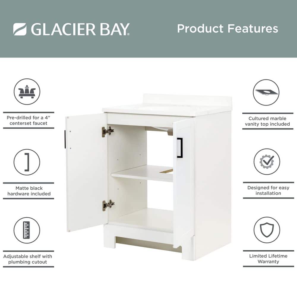 Glacier Bay Oakley 25 in. Single Sink White Freestanding Bath Vanity with White Cultured Marble Top (Assembled) (4)